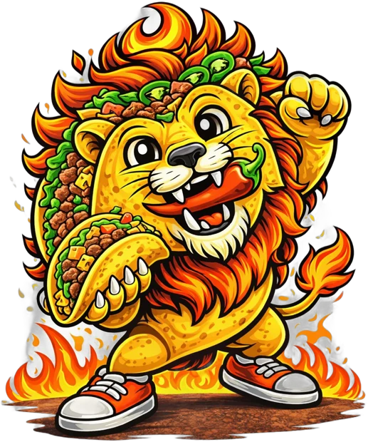 The Gas Bros lion mascot, a taco lion in sneakers holding a taco, surrounded by flames