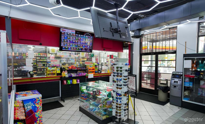 The checkout counter, lottery screen and front doors